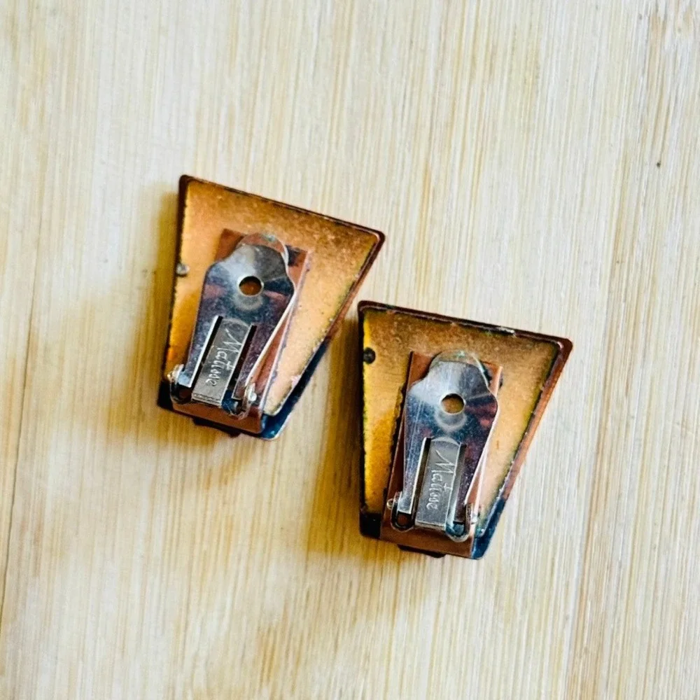 Matisse Renoir Clip Enamel MOD Earrings VTG Signed Chunky Retro Copper MCM 60s